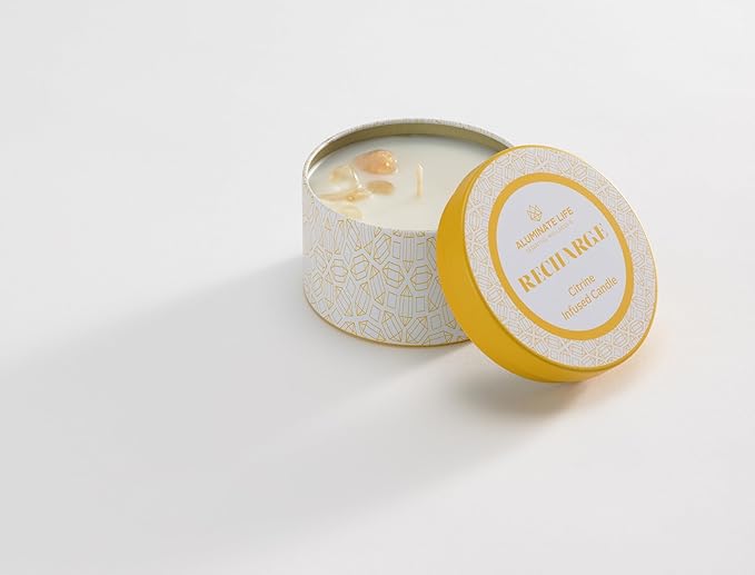 Luxury Candle Tin, 4 OZ, Recharge - Citrine Crystal Infused - Scents of Lemongrass, Geranium, and Basil - Happiness, Manifestation, & Abundance - Coconut Wax Blend, Essential Oils