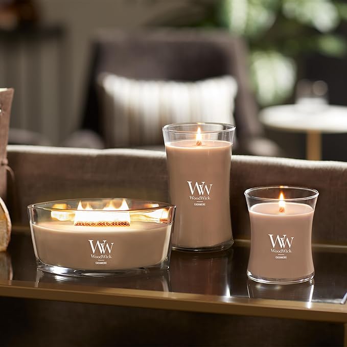 WoodWick Cashmere Holiday Candle Gifts for Women and Men, 21.5 oz Large Hourglass Candle with Crackling Wick