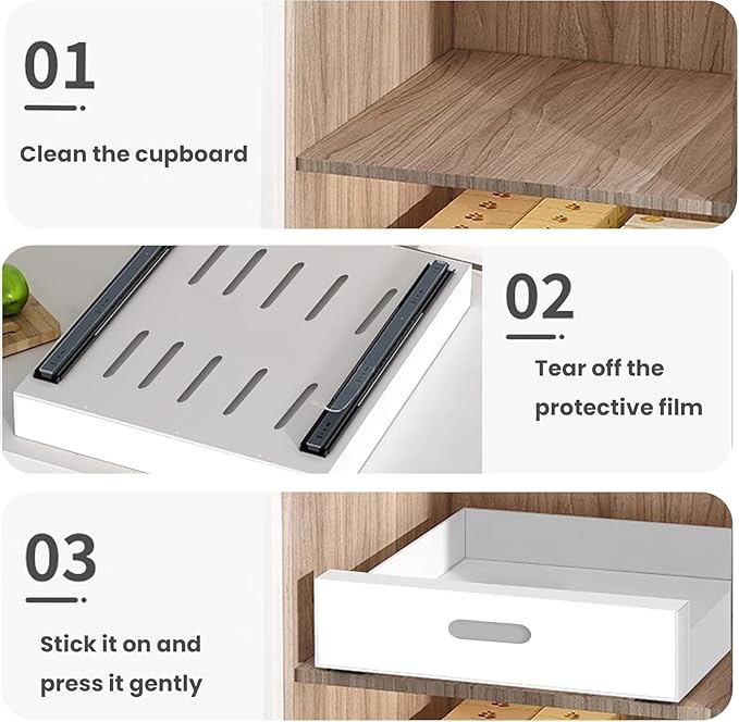 2 Pack Pull Out Cabinet Organizer Adhesive, 10" Wide 16.9" Deep Pull out Drawers for Face Frame or Frameless Cabinets, No Drill Heavy Duty Carbon Steel Drawer, Pantry Cabinet Shelf