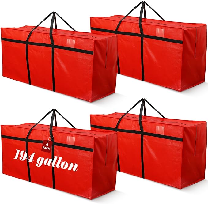 4 Pcs 194 Gallon Extra Large Moving Bags Heavy Duty Storage Bag with Strong Zipper Handle Foldable XXL Jumbo Storage Tote Packing Moving Box for College Dorm Travel Cloth Duffle (Red)