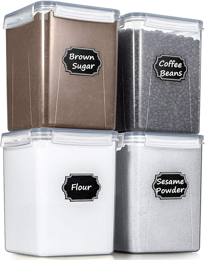 Wildone Large Food Storage Containers 5.2L /175oz, 4 Piece BPA Free Plastic Airtight Food Storage Containers for Flour, Sugar, Baking Supplies, Kitchen & Pantry Containers with 20 Labels - Gray
