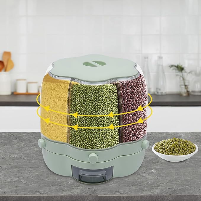 6 Grid Grain Storage Container 17.63Lbs Food Dispenser 360° Rotating Dry Grain and Rice Cereal Dispenser with Lid Rices Dispenser Rotating for Store Rice, Red Beans, Yellow Beans