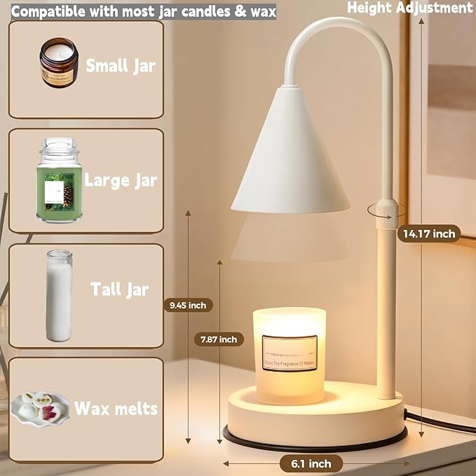 KING SHA Height Adjustable Candle Warmer Lamp with Timer and Dimmer Compatible with Universal Sizes of jar Candles,Wax melt Warmer for Mother's Day, Housewarming, Birthday Gifts,White