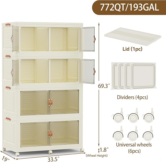 SAILUN 193Gal/772Qt Stackable Storage Bins Folding Collapsible Storage Bins with Lid, Closet Organizers and Storage Box with Door Cream 33.5" W x 19" D x 69" H