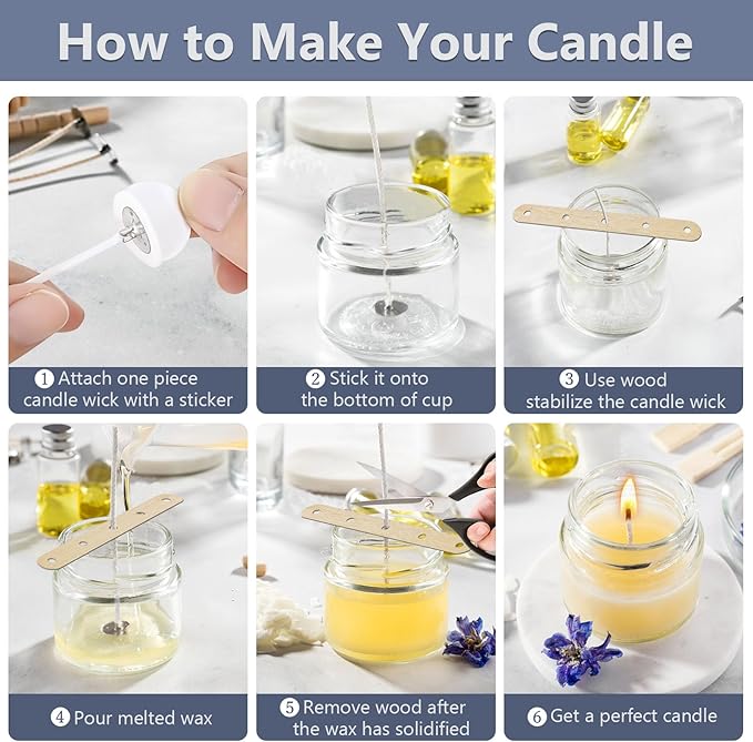 150 Pcs Candle Wicks for Candle Making, 100 Pcs Candle Wick Stickers, 6 Pcs Wooden Candle Wick Centering Device, Pre Waxed Cotton Wick with Metal Sustainer Tabs for Candle Making, 4in, 6in, 8in