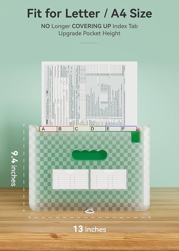 ABC life 26-Pocket Accordion File Organizer, Expandable Monthly Bill & Receipt Holder with Colored A-Z Tabs, Portable Folder Organizer for Home Office School, Fits Letter/A4 Size - Green
