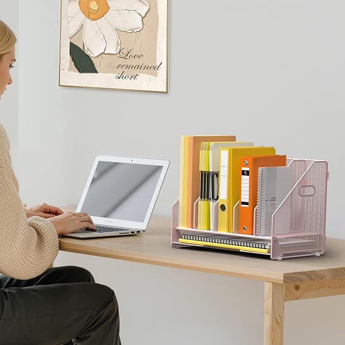 Docnest Desk File Holder Sorter, 5 Vertical Compartments Rack with Letter Tray, Mesh Magazine File Holder with Handle,Workspace Organizers,Desk Organizers for Paper, Mail, Documents-Pink