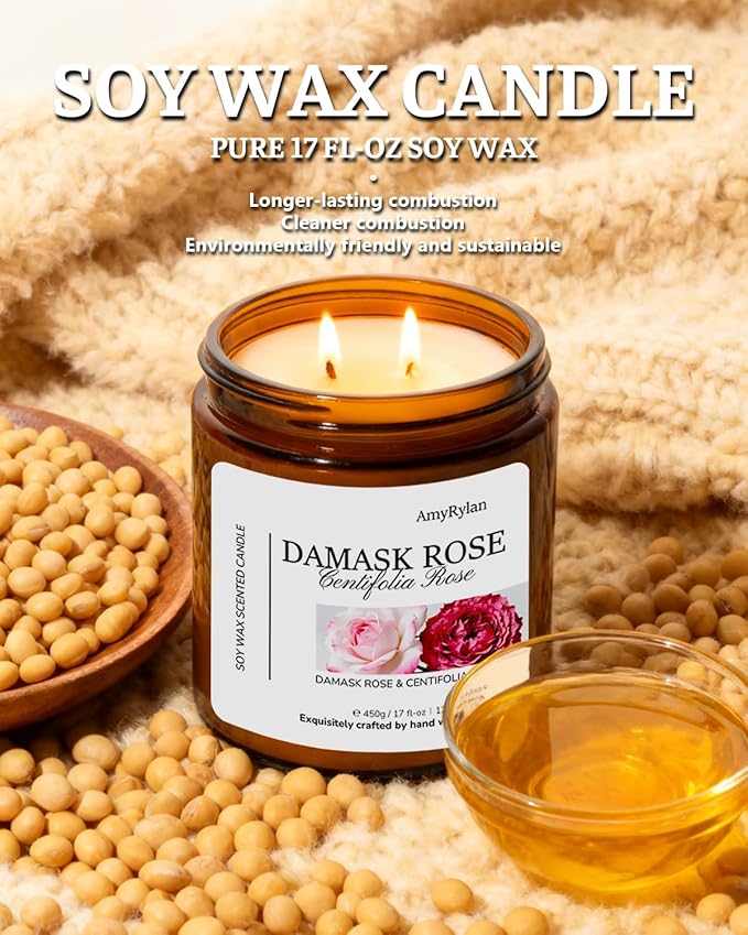 2 Wicks 17oz Large Non-Toxic Soy Wax Scented Candle, Damask Rose&Centifolia Rose 120 Hours of Burn Time, Long Lasting Candle for Gift, Cost-Effective Candle for Home Fragrance, Aromatherapy