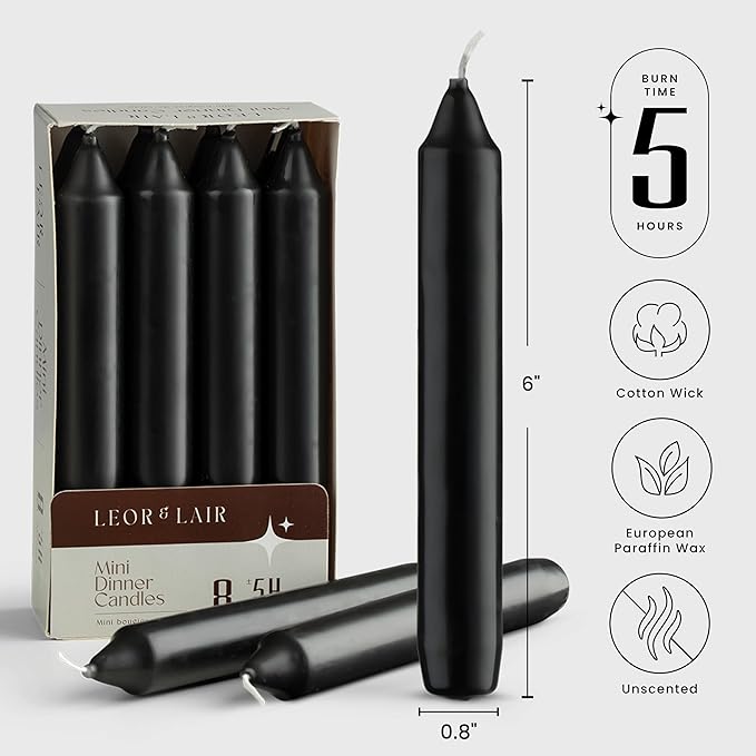 Leor & Lair 6 Inch Black Candlesticks – Pack of 8 Unscented Short Candle Sticks with Cotton Wick – 5 Hour Burn Black Taper Candles for Halloween, Modern Tables & Gothic Events
