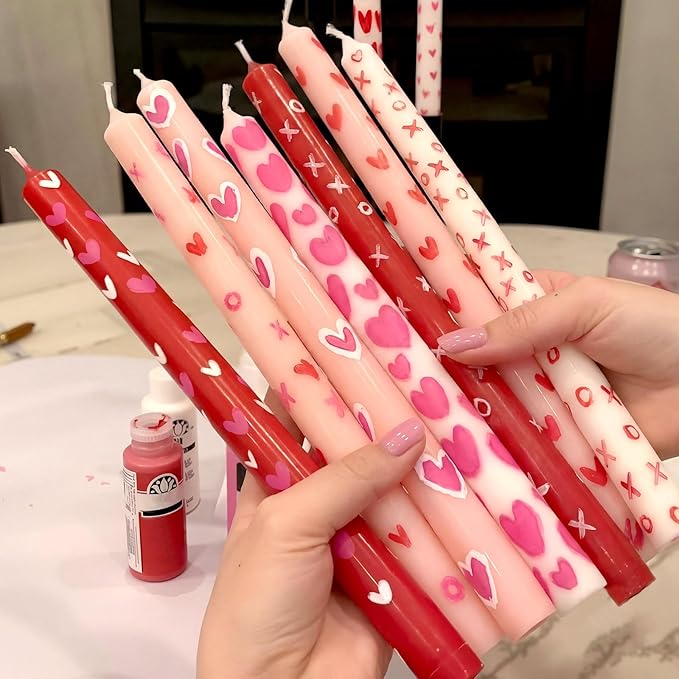Treela 84 Pcs Galentine's Day DIY Candle Painting Kit Include 10 Inches White Pink Red Taper Candles 60 Colored Tealight Candle 12 Paint Brushes for Valentines Gifts Adult Crafts Centerpieces