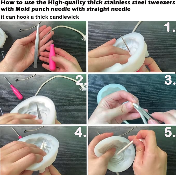 TYMKLMZG 16 PCS Silicone Mould Hand Drill Adjustable Long Needle Punch Wicking Needle Tools Candle Mold Punch Tool with Hook & Eye Candlewick Inserting Tool Tweezers Threader for Candle Making