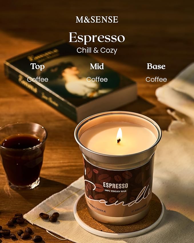 M&SENSE Espresso Candles Black Coffee Scented, 16.2oz Plant-Based Soy Wax 100 Hours Non Toxic Clean Burn, Stress Relief Aromatherapy Gifts for Coffee Lovers, Cozy Winter Holiday Home Decor