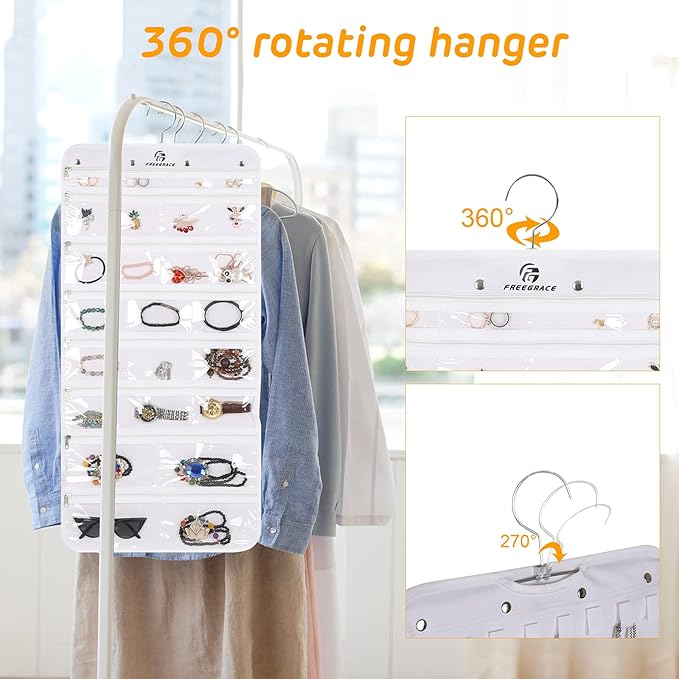 Freegrace Hanging Jewelry Organizer with Secure Zipper Closure - 360° Revolving Hanger, 25 Clear Pockets, 23 Necklace Hooks - Foldable Travel Storage & Closet Display (White)
