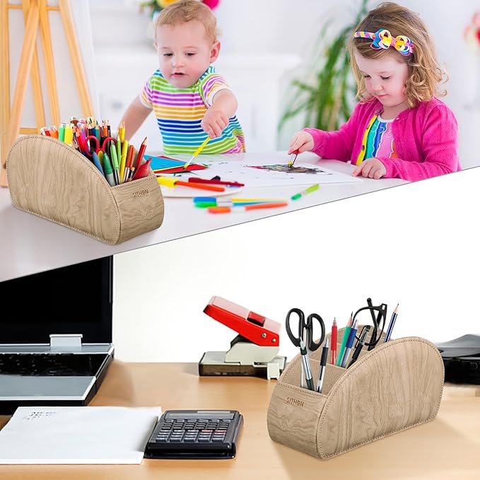 SITHON Remote Control Holder with 5 Compartments - PU Leather Remote Caddy Desktop Organizer Store TV, DVD, Blu-Ray, Media Player, Heater Controllers, Woodgrain Khaki