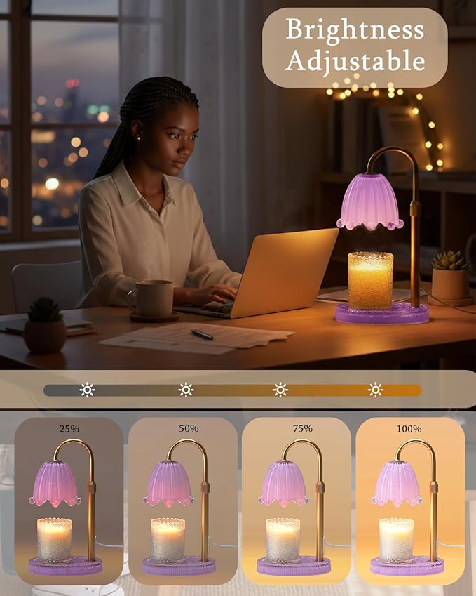 Flower Candle Warmer Lamp with Timer, Vintage Adjustable Glass Warmer Light for Jar Candles, Electric Wax Warming Melter, Gifts for Women Mom, Bedroom Decor (Purple-Flower)