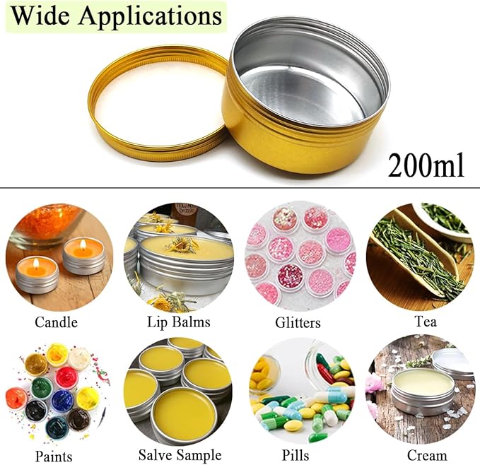 200ml Aluminum Tin Jar, Refillable Makeup Container 200g Gold Screw-up Lid Small Round Cans 7oz for Cosmetics, Lip Balm, Cream, Toner, Eyeshadow, Candle, Tea, Beads, Nails, 4 Pack Travel Tins