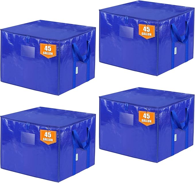 TICONN 4 Pack Extra Large Moving Bags with Zippers & Carrying Handles, Heavy-Duty Storage Tote Moving Boxes for Space Saving (4 PK, 45 Gallon)