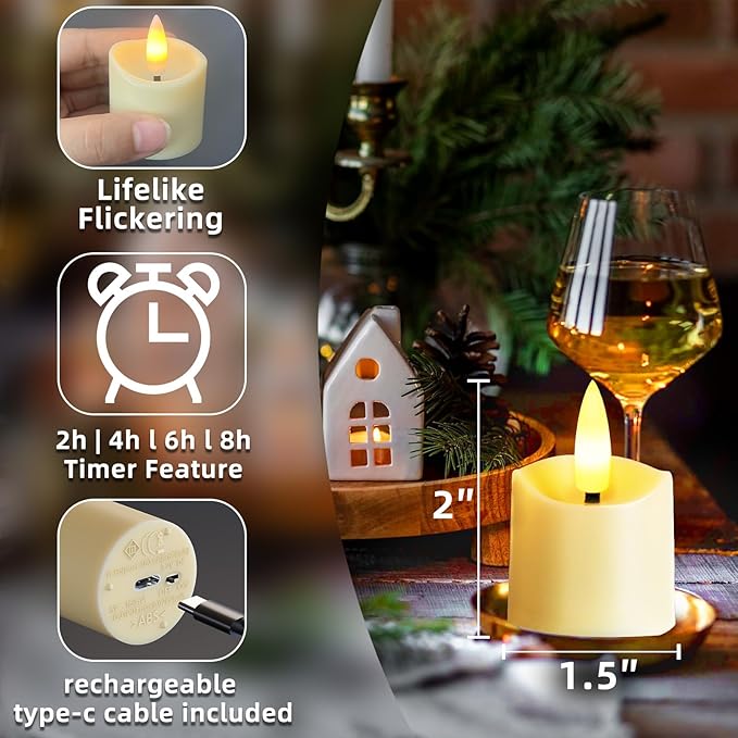 Rechargeable LED Flameless Candles, 2/4/6/8H Electric Votive Candles, 9PCS Battery Operated Tealights with Timer for Christmas, Wedding, Home Decor(USB-C Charging Cable Included)