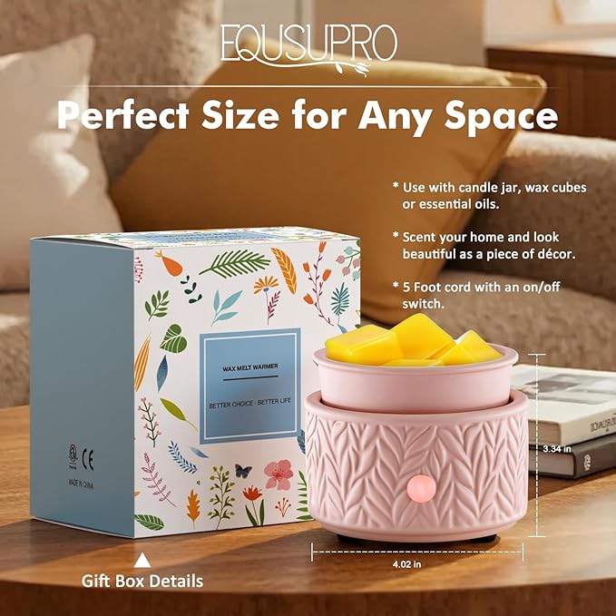 EQUSUPRO Wax Melt Warmer for Scented Wax - 4-in-1 Electric Ceramic Candle Wax Warmer Fragrance Wax Burner Melter for Home Office Decor & Gift for Women (Pink Leaf)