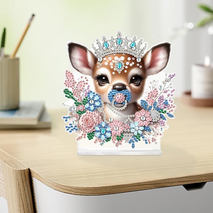 antor Diamond Painting Desktop Ornament Kit, Acrylic Diamond Art Tabletop Decoration, Special Shape Crystal Diamond Painting Desk Figurine Decor DIY Crafts Gift, Deer with Crown