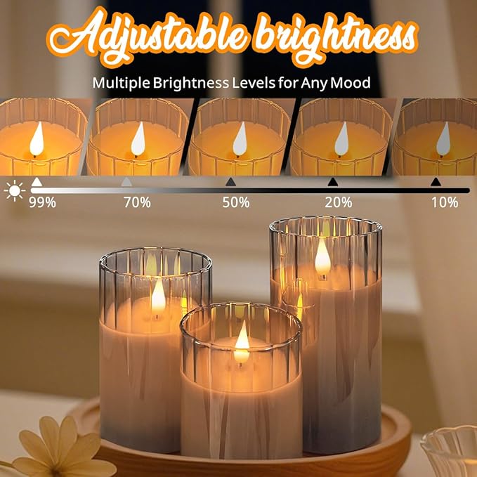 Rechargeable Flameless Candle, Flashing LED Pillar Real Wax Candle with Remote Control and Timer, Grey Stripes Glass Electronic Candles for Room Decoration, 1 Set of 3