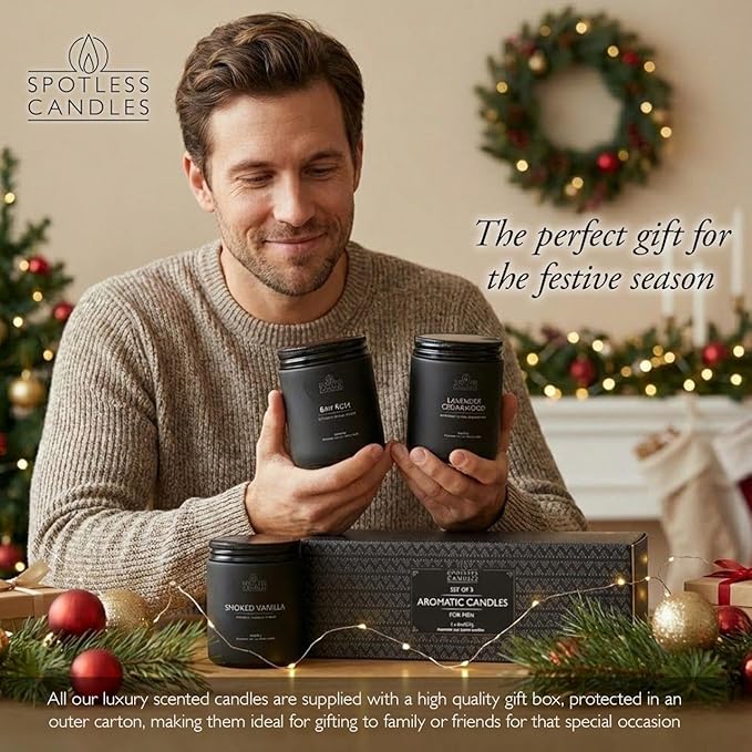 Mens Candle 3 x 8oz Pack Smoked Vanilla Bay Rum and Lavender Cedarwood Scents