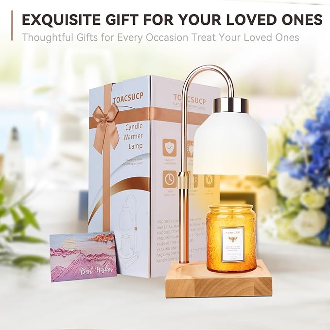 TOACSUCP Candle Warmer Lamp with 3 Bulbs, Adjustable Height Dimmable Candle Warmer with Timer, Compatible with Large Jar Candles, Candle Lamp with Charming Gift Box Ribbon for Her/Him(White)