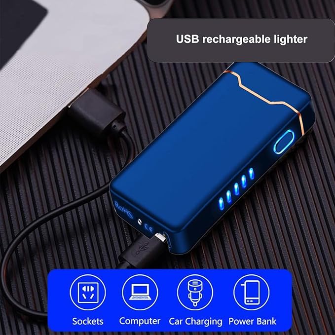 Plasma Rechargeable Electric Lighter with LED Battery Indicator Strong Flame, USB Convenient Charging, Windproof Lighter Outdoor（B-Blue）