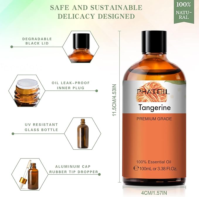 PHATOIL 3.38FL.OZ Tangerine Essential Oil, for Aromatherapy Diffusers, Humidifiers, Great for DIY Candle and Soap Making, Huge 100ML Bottle