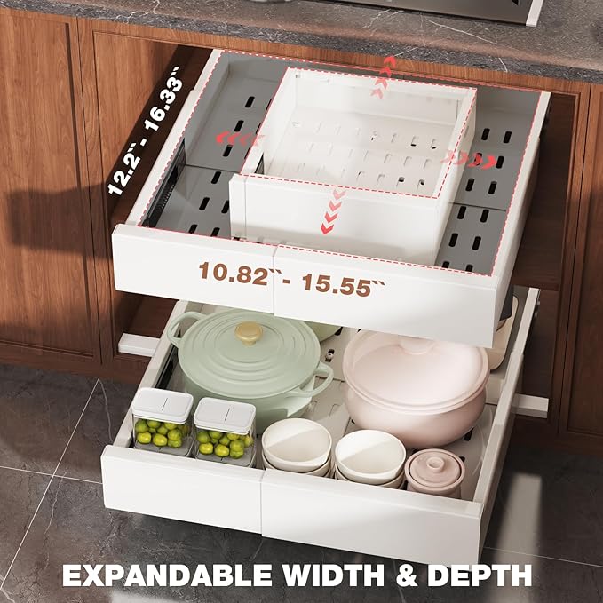 2 Pack Pull Out Cabinet Organizer Expandable Width(11"-16") and Depth(13"-17"),Slide Out Drawers With Raising Pad for Framed Cabinets,No Drill Roll Out Shelves for kitchen,Bathroom,White