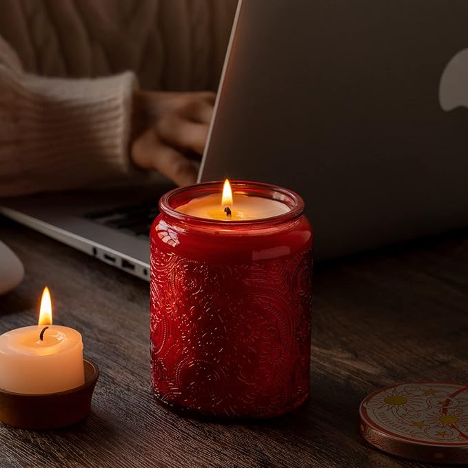 Art Secret 9-Pack 8oz Embossed Glass Candle Jars with Lids and Labels - Sun Moon Stars Design (Red)