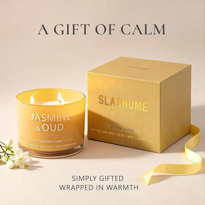 Jasmine & Oud Scented Candle, Luxury Large 3 Wick Soy Candle 12 Oz, 60+ Hour Long Lasting Clean Burn, Elegant Aromatherapy Home Decor, Housewarming & Birthday Gift for Men & Women