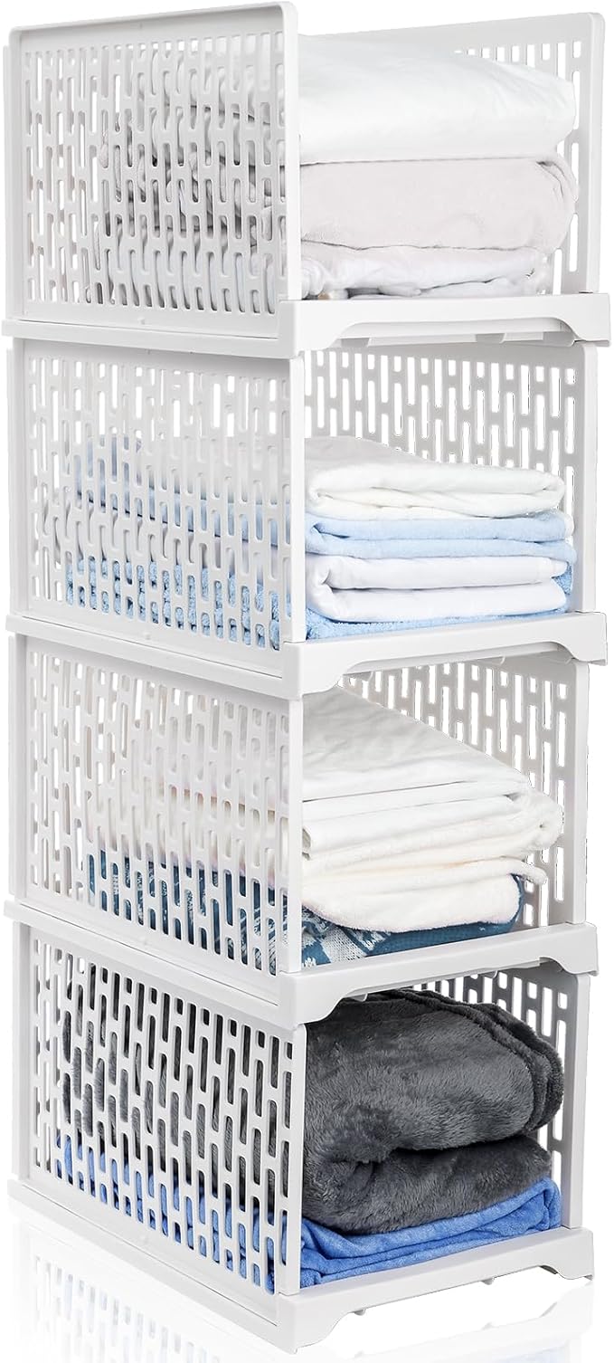 AVLA 4 Pack 38" Stackable Plastic Storage Basket, Plastic Foldable Closet Organizer Storage Bins, Wardrobe Storage Box Clothes Drawer Shelf Container for Cupboard Bedroom Dorm Bathroom Kitchen Office