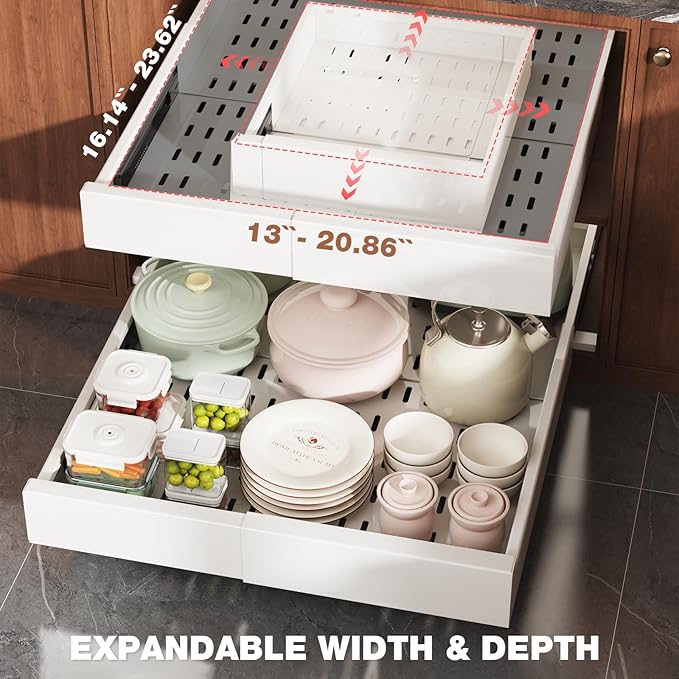 2 Pack Pull Out Cabinet Organizer Expandable Width(13"-21") and Depth(17"-24"), Slide Out Drawers With Raising Pad for Framed Cabinets, No Drill Roll Out Shelves for kitchen, Bathroom, White