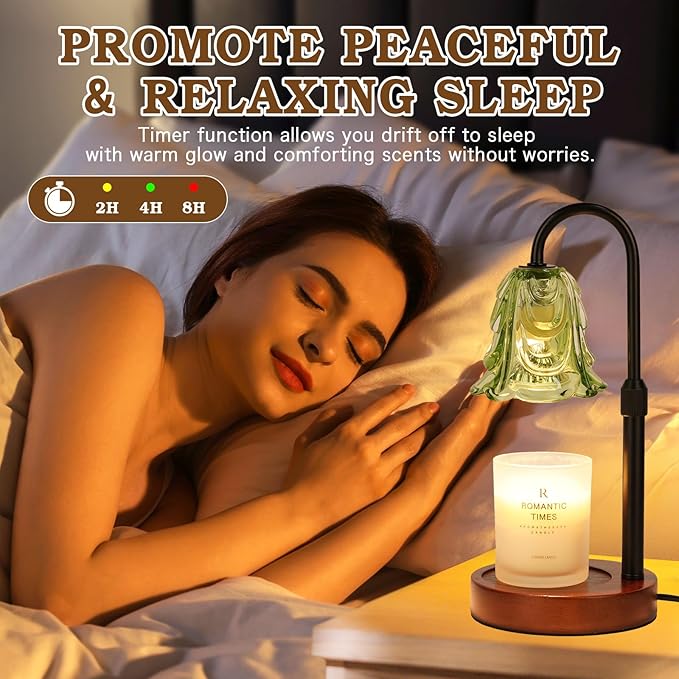 Small Candle Warmer Lamp with Timer, Adjustable Green Lamp Warmer for Jar Candles, Unique Women Gifts for Birthday, Dimmable Candle Heater, Anniversary Day Gifts, Cute Wax Warming Light with Wood Base