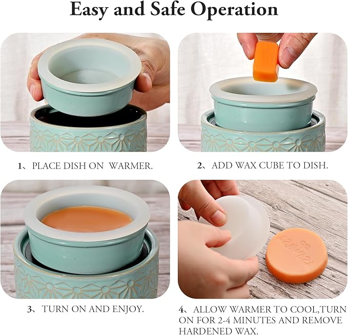 ASAWASA Wax Melt Warmer with 1 pc Silicone Dish,3-in-1 Ceramic Wax Melter Burner for Kitchen Home Spa Yoga Gift (Cyan Hexagon Pattern)