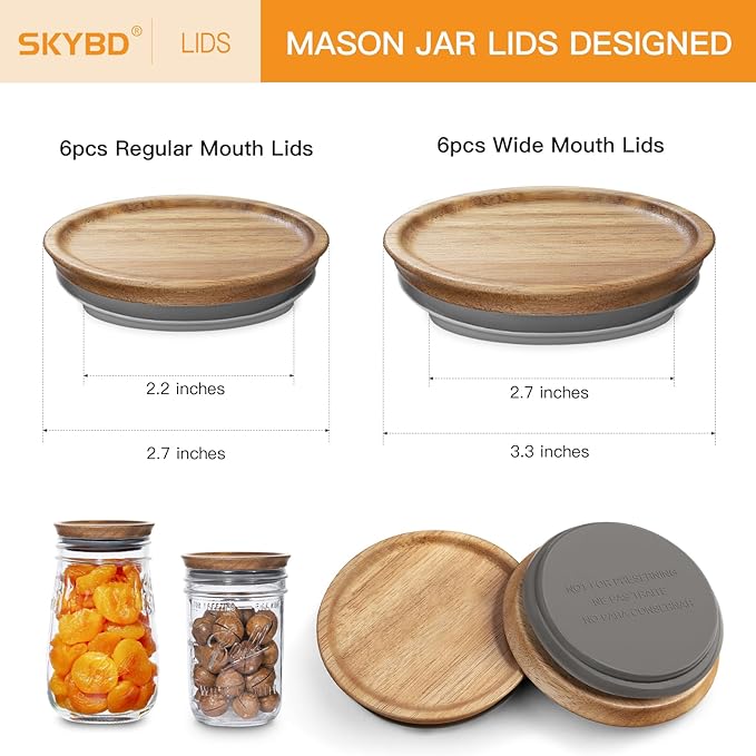 6 Regular Mouth and 6 Wide Mouth Wooden Mason Jar Lids for Ball/Mason Jars, Reusable Acacia Wood Mason Jar Lids with Airtight Silicone Seal Perfect for Dry Food Storage (6PCS-Regular + 6PCS-Wide)