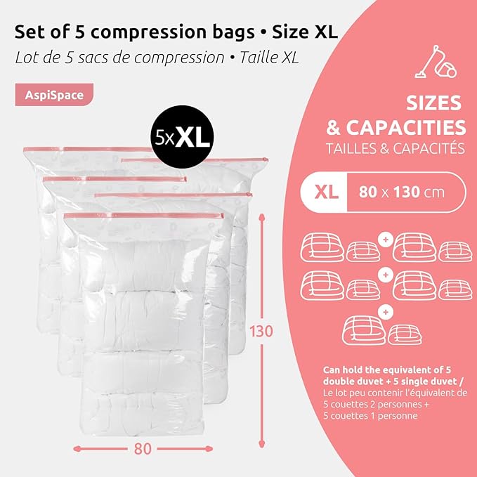 Compactor Set of 5 Space Saving Vacuum Storage Bags, Extra-flat, Size XL, 80 x 130 cm, Transparent, Aspispace Range, RAN8112
