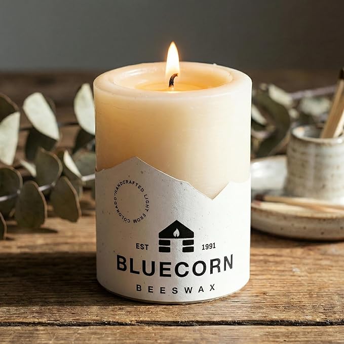 Bluecorn Beeswax Pillar Candle, 100% Pure Natural Bees Wax, Ivory White 3x3 Candle, Clean Burning & Dripless, Long Lasting (50 Hrs), Paraffin, Soy & Fragrance Free, Home Decor, American Made, 1 Count