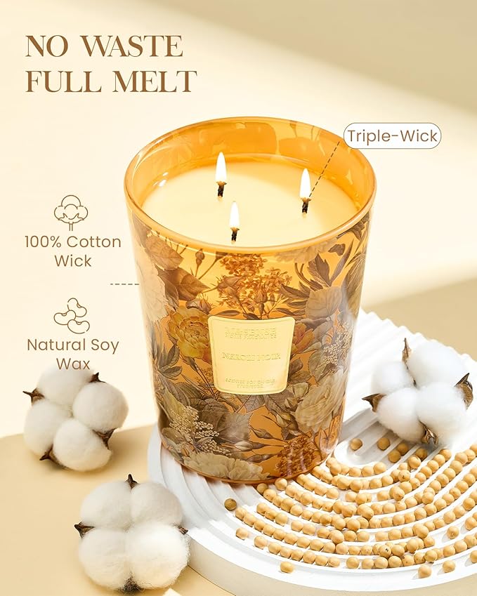 M&SENSE Neroli Noir Soy Large Candles, 3-Wick 35oz 150H Long Lasting, Aromatherapy Candle for Bedroom Elegance Winter Housewarming