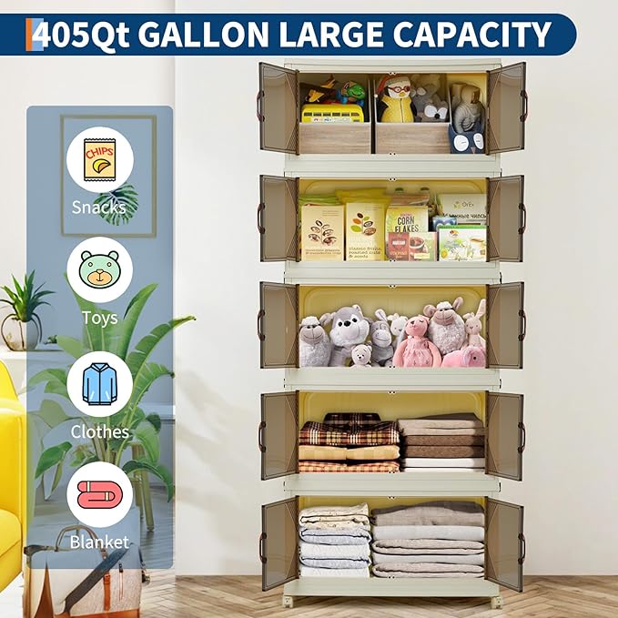 Garvee 405QT Stackable Storage Bins, Plastic Bins for Storage with Lids, Plastic Storages Drawers with Magnetic Doors & Wheels, Foldable Collapsible Closet Organizers for Home, Dorm, Office, White