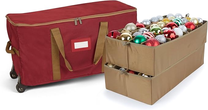 Covermates Keepsakes Rolling Adjustable Ornament Storage Bag – Heavy-Duty Polyester, FlexGrid Trays & Padded Dividers – Protective Holiday Organizer with Wheels, Handles & ID Window, Red