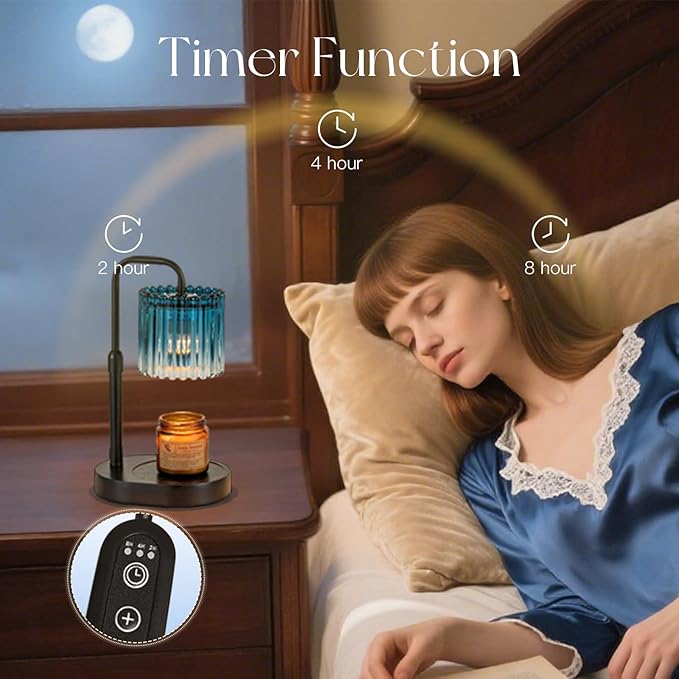 Candeldo Candle Warmer Lamp with Timer: Navy Blue Candle Warming Lamp with 2 Bulbs Height Adjustable Wax Melt Dimmable Bedroom Decor for Women