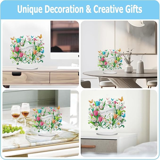 ARTopet DIY Diamond Desktop Ornament PET Irregular Shape Special Shaped Crystal Double Sided Pattern Single Sided Diamond Art Painting Tabletop Home Ornaments Decor-Birthday Flower