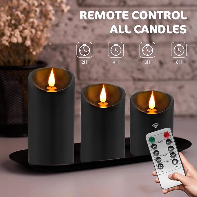 ALED LIGHT Black Real Wax Rechargeable Candles Flickering Realistic,Flameless Candles Rechargeable with Remote for Home Decor Idea Gift，Pack 3(D 3”X H 4”5”6”)