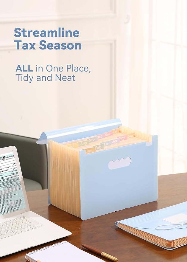 SortRax Accordion File Organizer 12 Pockets, Monthly Bill Receipt Tax Organizer, Expanding File Folders with Larger Bright Tabs, Fits Letter/A4 Size - Blue