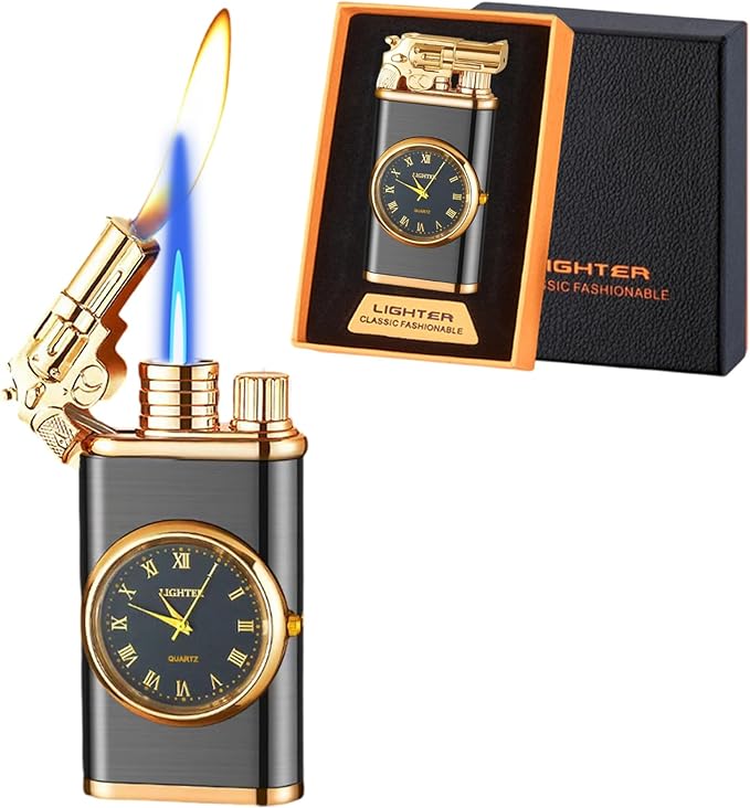Torch Lighter, Magic Dual Flame Lighter Refillable Butane, Creative Adjustable Flame Windproof Lighter, Cool Jet Flame Butane Lighter for Men Women Friends Outdoor Candle(Without Butane)-Black-g