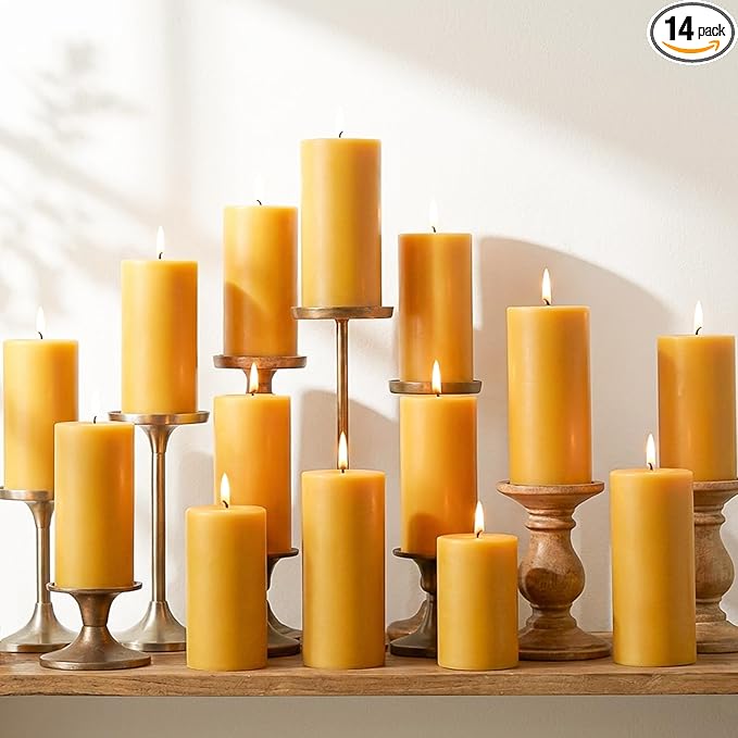 14 Packs Natural Beeswax Candles, Beeswax Pillar Candles with 490 Hours Burn Time, Organic Bees Wax Candles for Home, Relaxation, Smokeless & Dripless, 2x4 inch