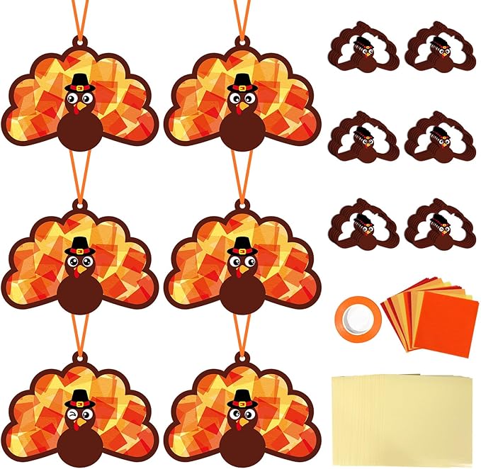 Qyeahkj 36 Set Thanksgiving Turkey Suncatchers Crafts for DIY Fall Window Tissue Paper Craft Kit Autumn Hanging Decor for Harvest Home Activity Art Project Birthday Party Favor Gift