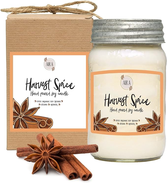 Aira Soy Candles - Organic, Kosher, Vegan, in Mason Jar w/Therapeutic Grade Essential Oils - Hand-Poured 100% Soy Candle - Paraffin Free, Burns 110+ Hours - Fall Candle - Harvest Spice -16 Ounces